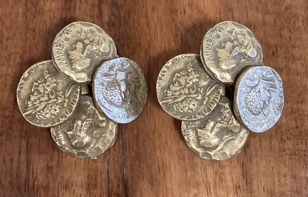Vintage Corocraft Brass Greek Ancient Coin Earrings Clip On Signed Unique Oddity